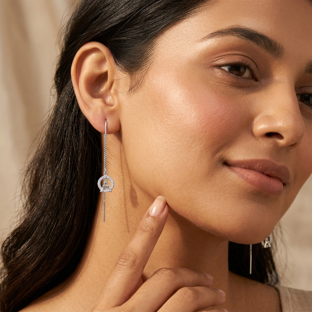 Eiffel Tower Halo Threader Earrings, additional product view 4