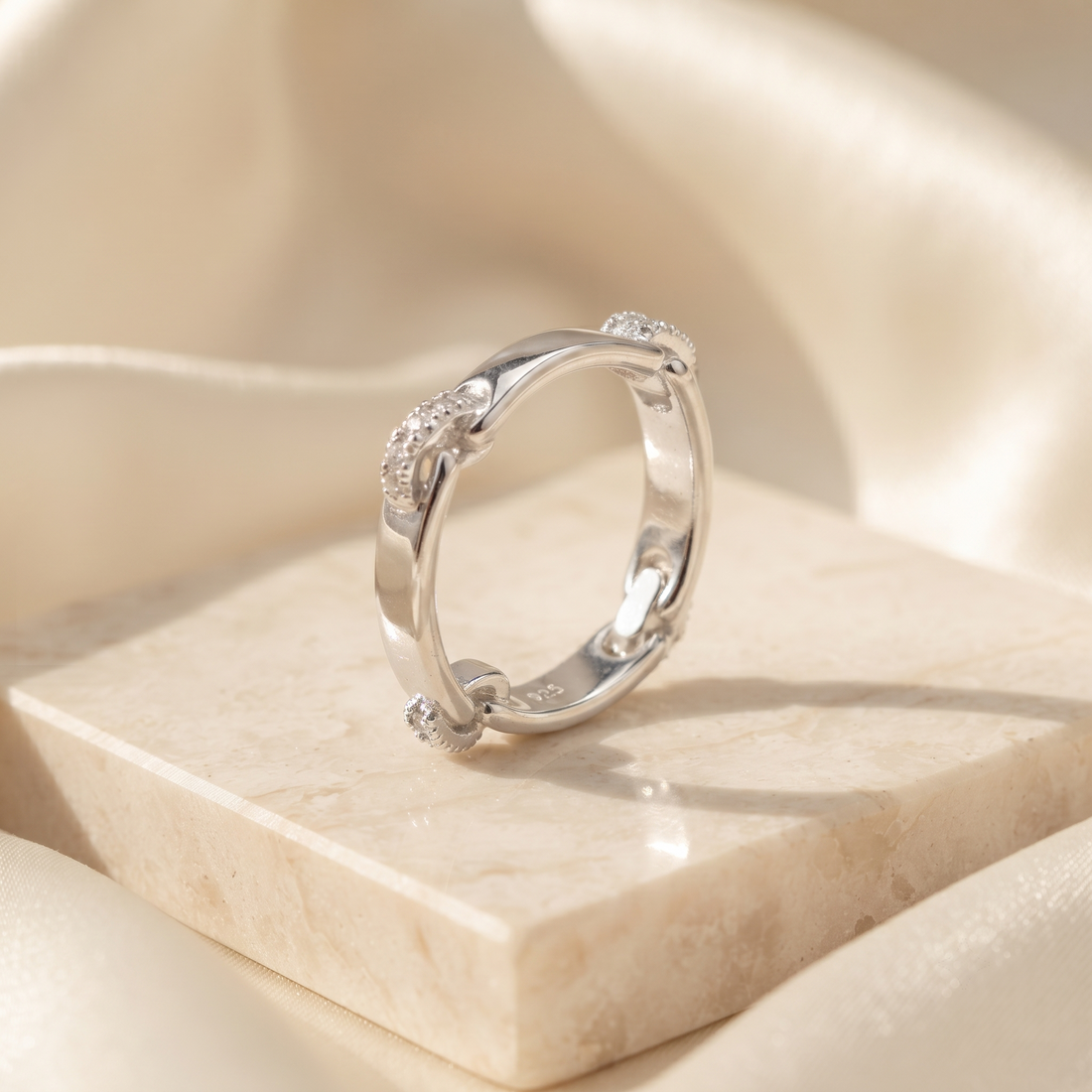 Silvme floral textured band 925 sterling silver ring for women with carved floral texture running along the band