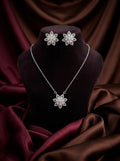 Floral Flower 925 sterling silver pendant necklace and stud earrings jewellery set with cubic zirconia by Silvme â€” full necklace and earrings view