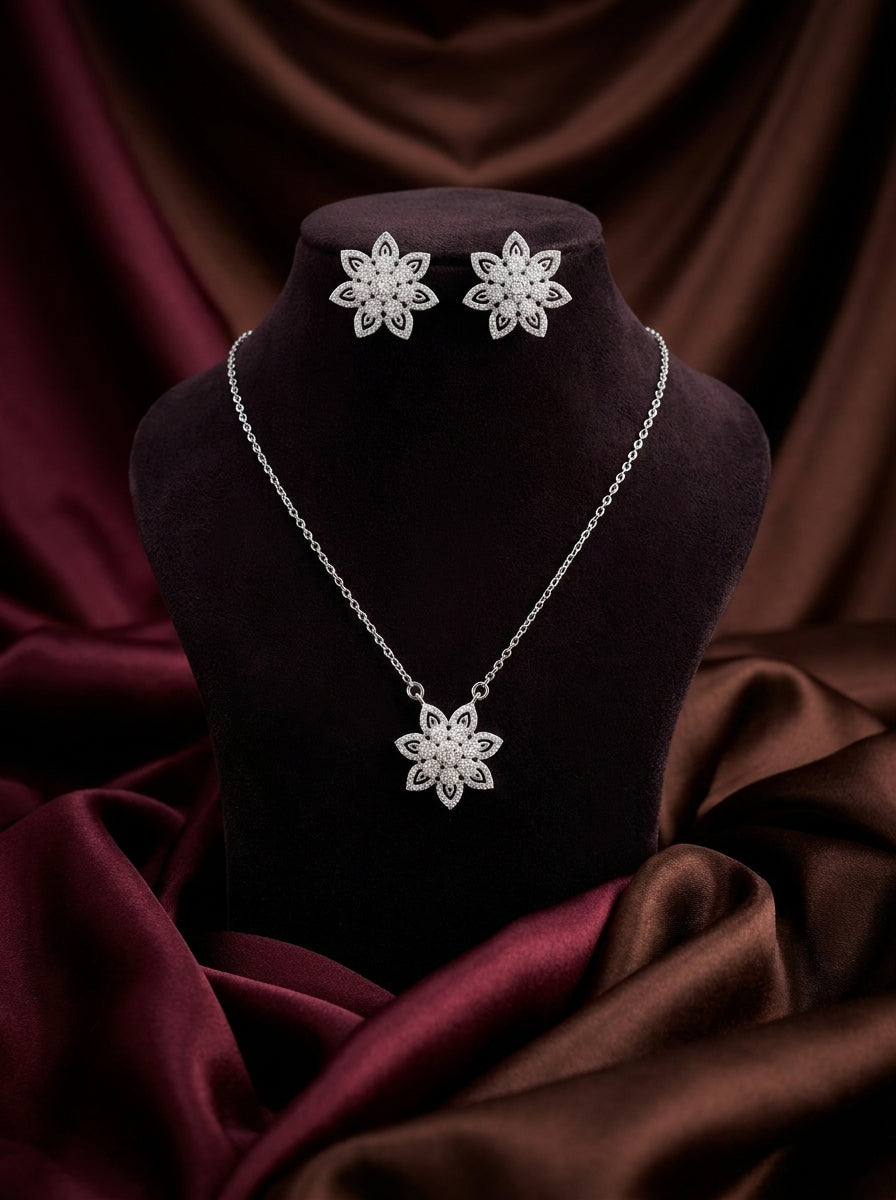 Floral Flower 925 sterling silver pendant necklace and stud earrings jewellery set with cubic zirconia by Silvme â€” full necklace and earrings view