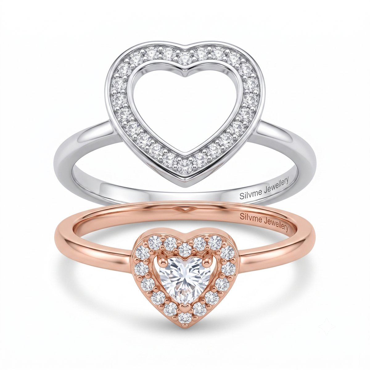 Silvme Heart Halo with cubic zirconia 925 sterling silver heart ring for women, two-tone rose gold and silver, oval halo ring, emerald cut ring, stacking styling view