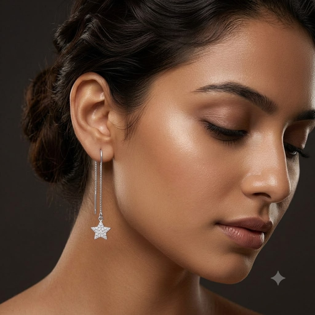 Stone-Set Pave Star Charm Threader Earrings, additional product view 8