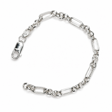 Silvme 925 sterling silver slim figaro chain bracelet for men shaped into an oval on a white background