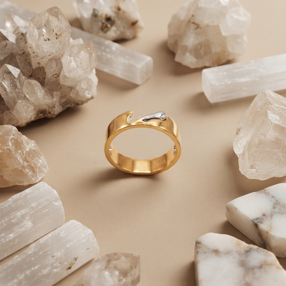 Silvme two-tone gold and silver 925 sterling silver ring for women with gold-tone side detailing on a sleek silver band