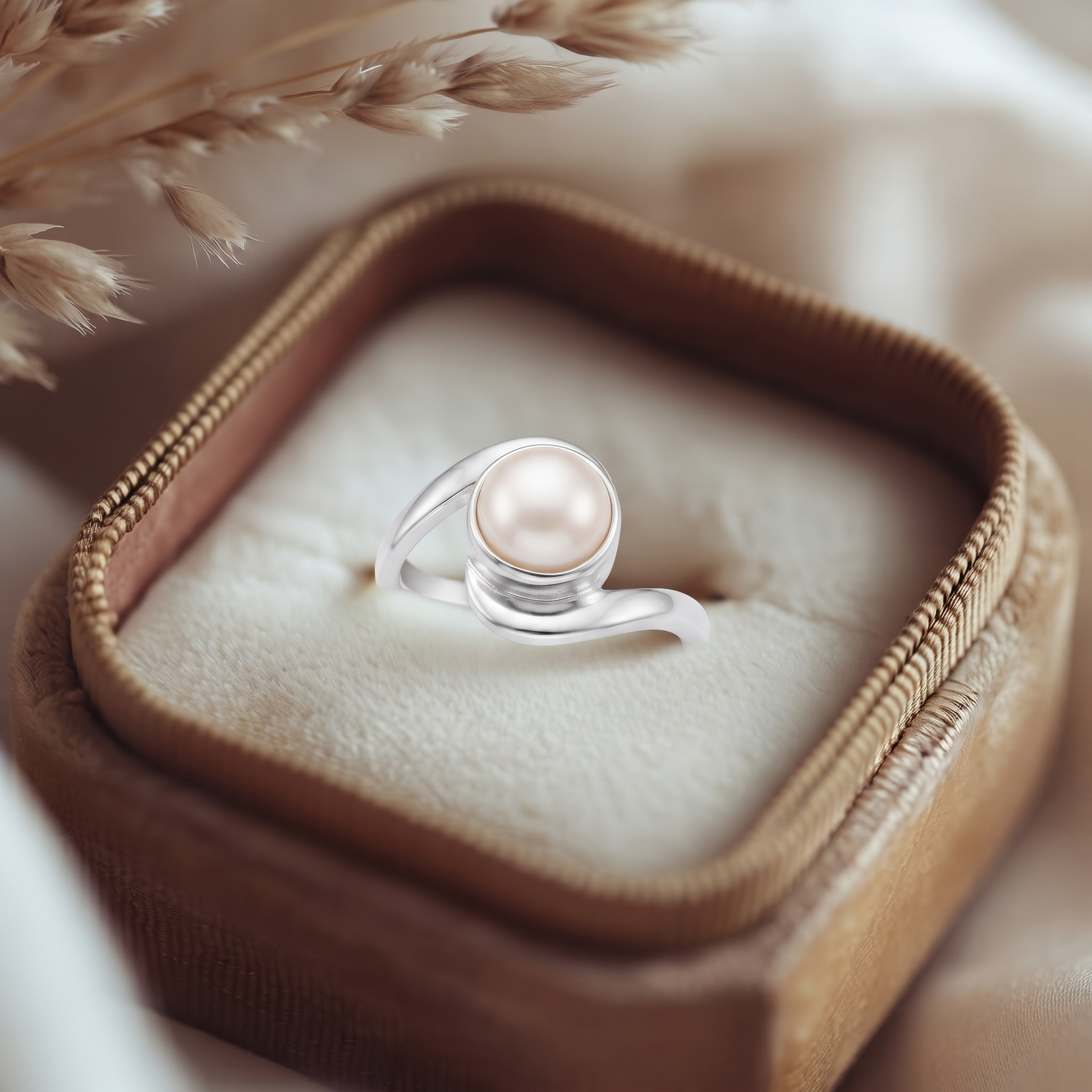 Silvme 925 Sterling Silver Pearl Swirl Bypass Ring, round pearl and a silver bead on a swirl band