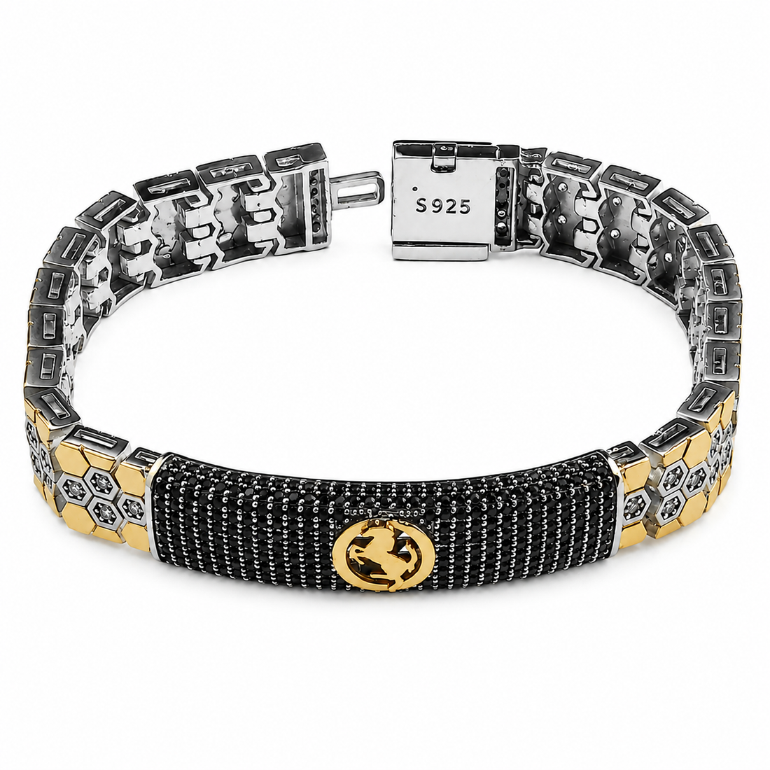 Silvme 925 sterling silver black pave panel statement bracelet for men curved on a white background