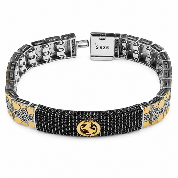 Silvme 925 sterling silver black pave panel statement bracelet for men curved on a white background