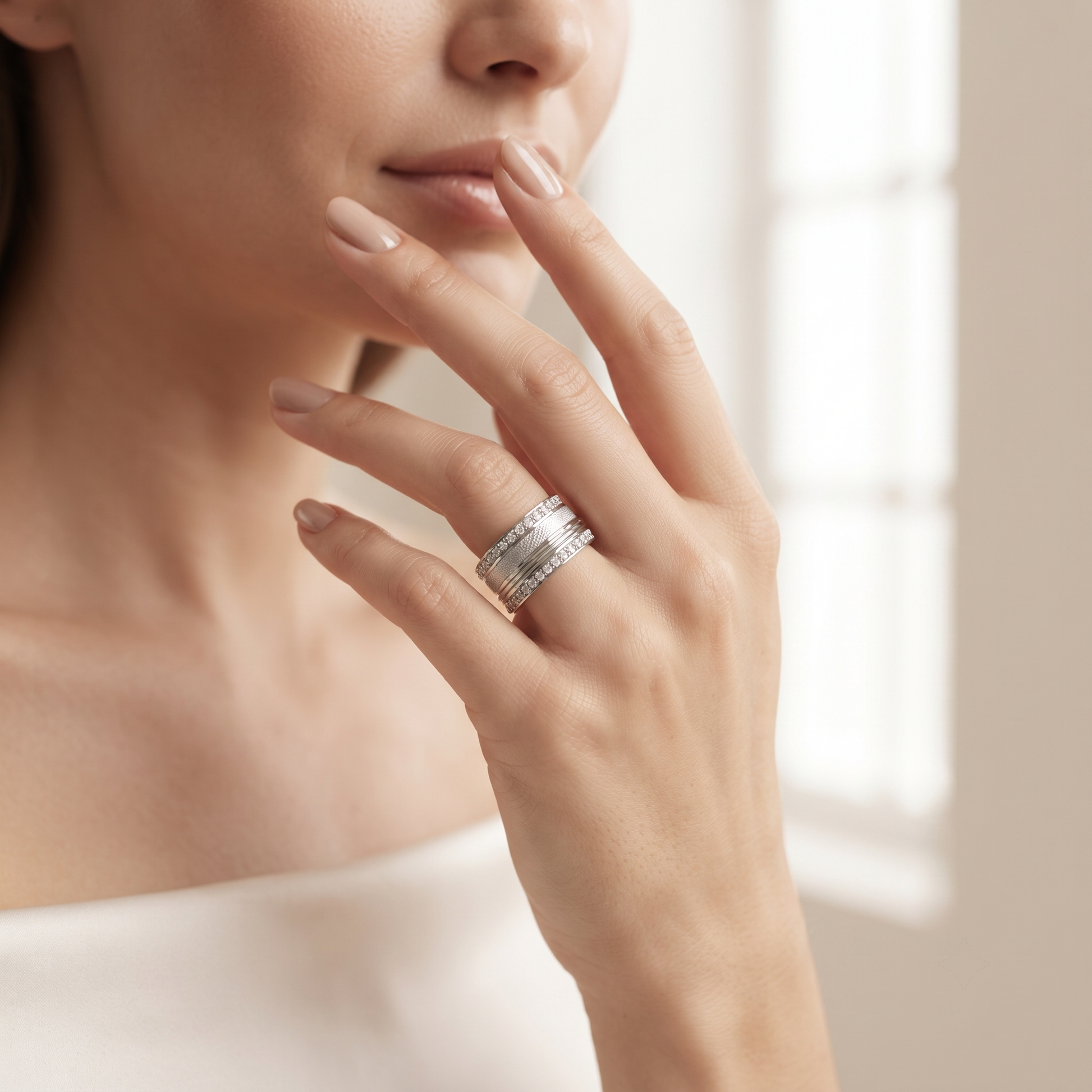 Buy textured double row stone band 925 sterling silver ring for women online in India from Silvme