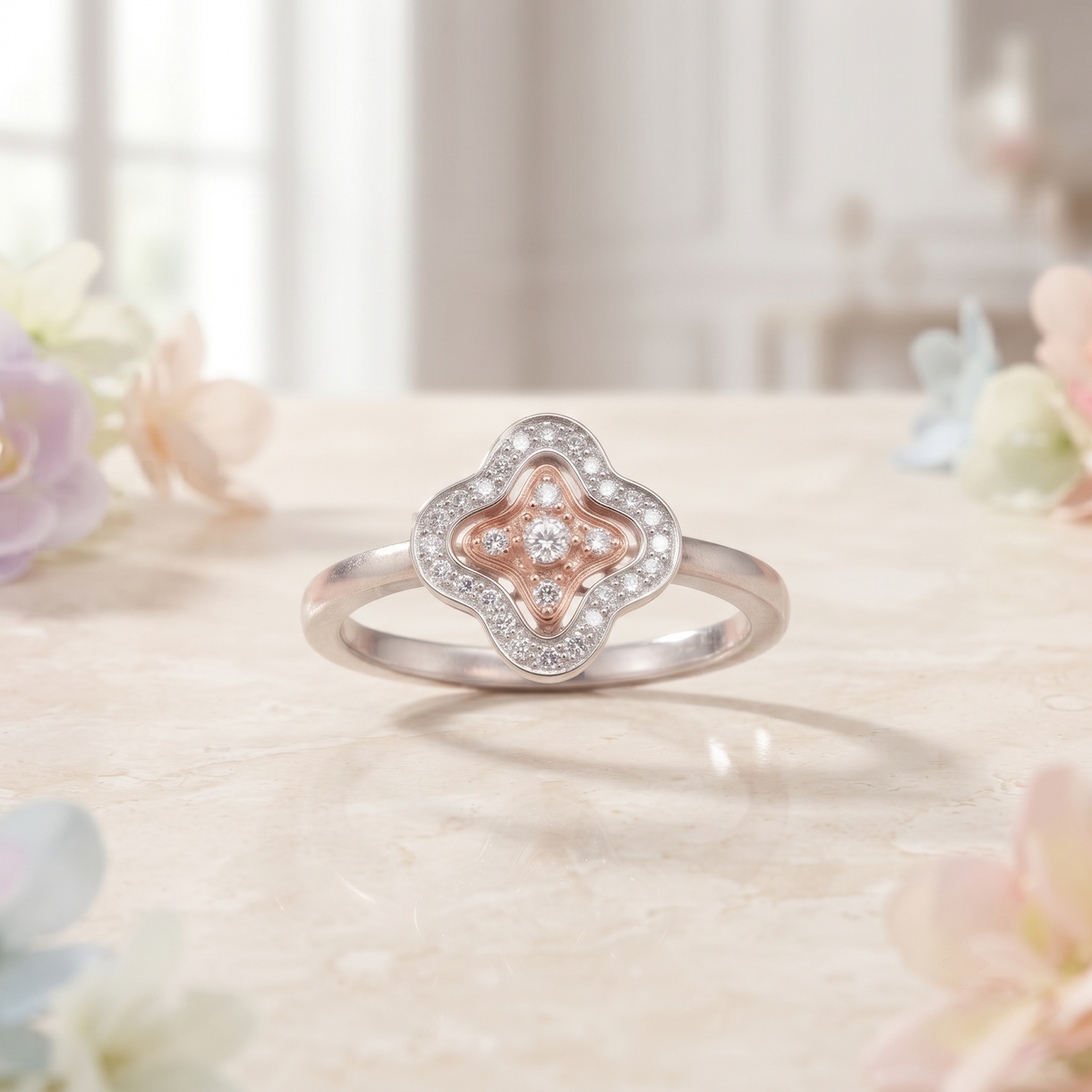 Silvme Flower Stack with cubic zirconia 925 sterling silver floral ring for women, two-tone rose gold and silver, diamond look ring, zircon ring for women, on-hand styling view