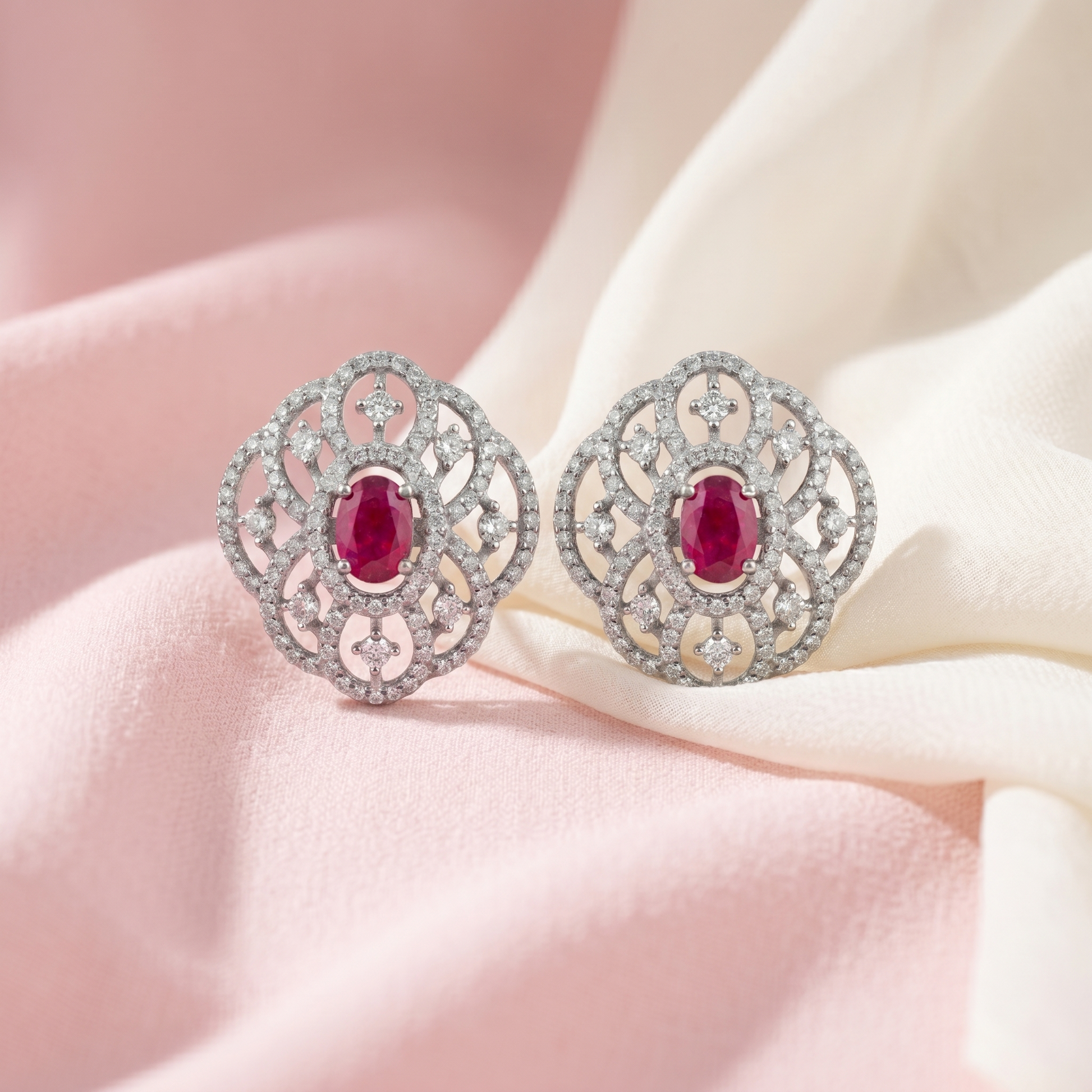 Pink Oval Filigree-Halo Stud Earrings, close-up detail