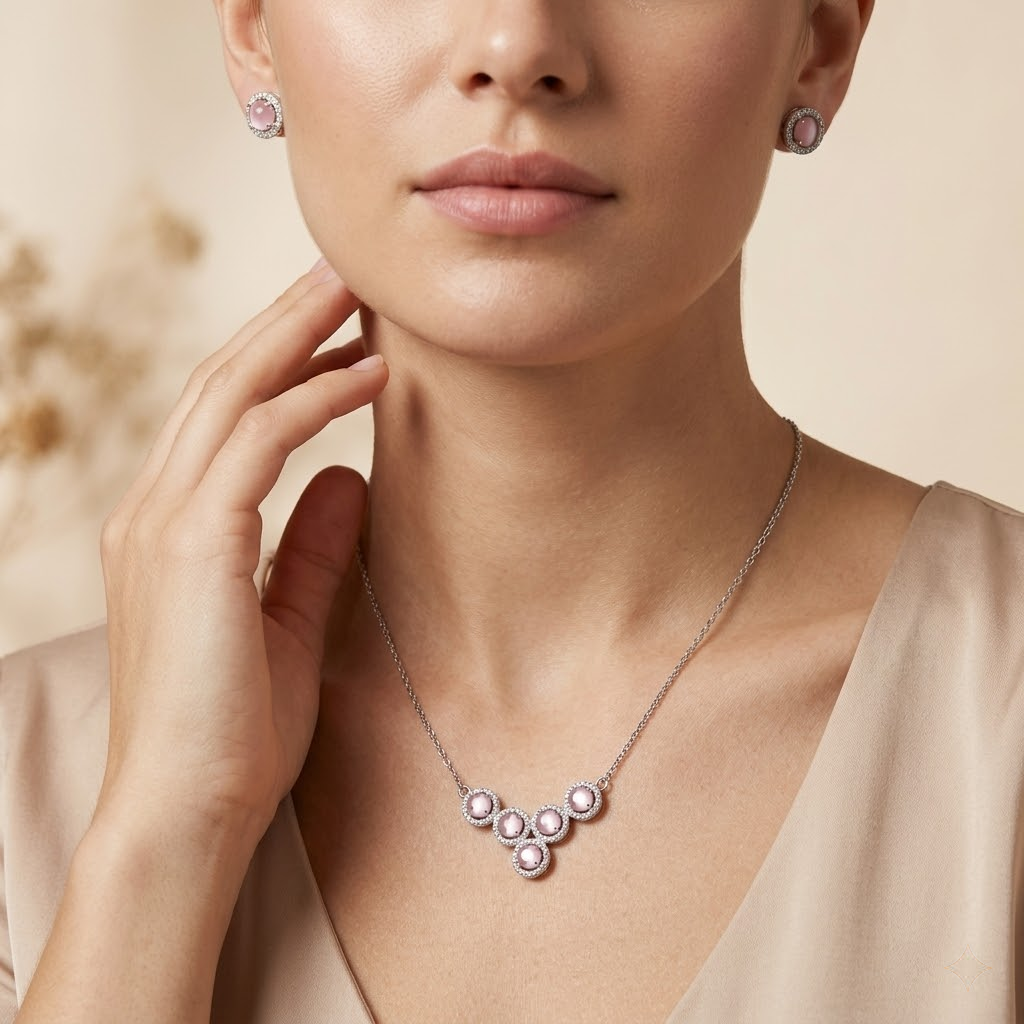 Silvme pure 925 sterling silver pink cluster pendant necklace and stud earrings set with pink cubic zirconia, front view of the complete set
