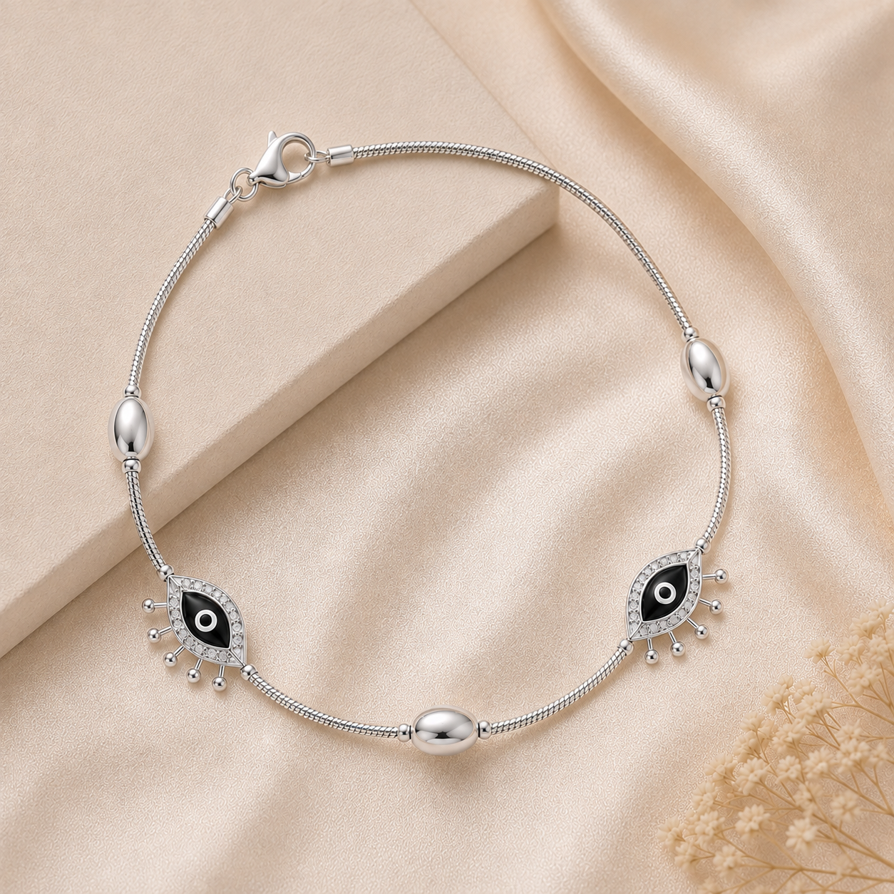 Silvme evil eye charm 925 silver anklet with twin lashed evil-eye charms and oval beads, full-length view