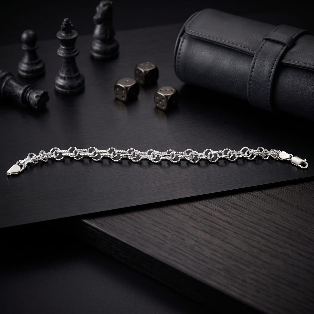 Silvme 925 sterling silver fine rolo chain bracelet for men laid flat on a white background