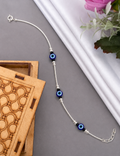 Close-up of a blue evil-eye and black-bead cluster on the Silvme 925 sterling silver evil eye & black bead cluster anklet