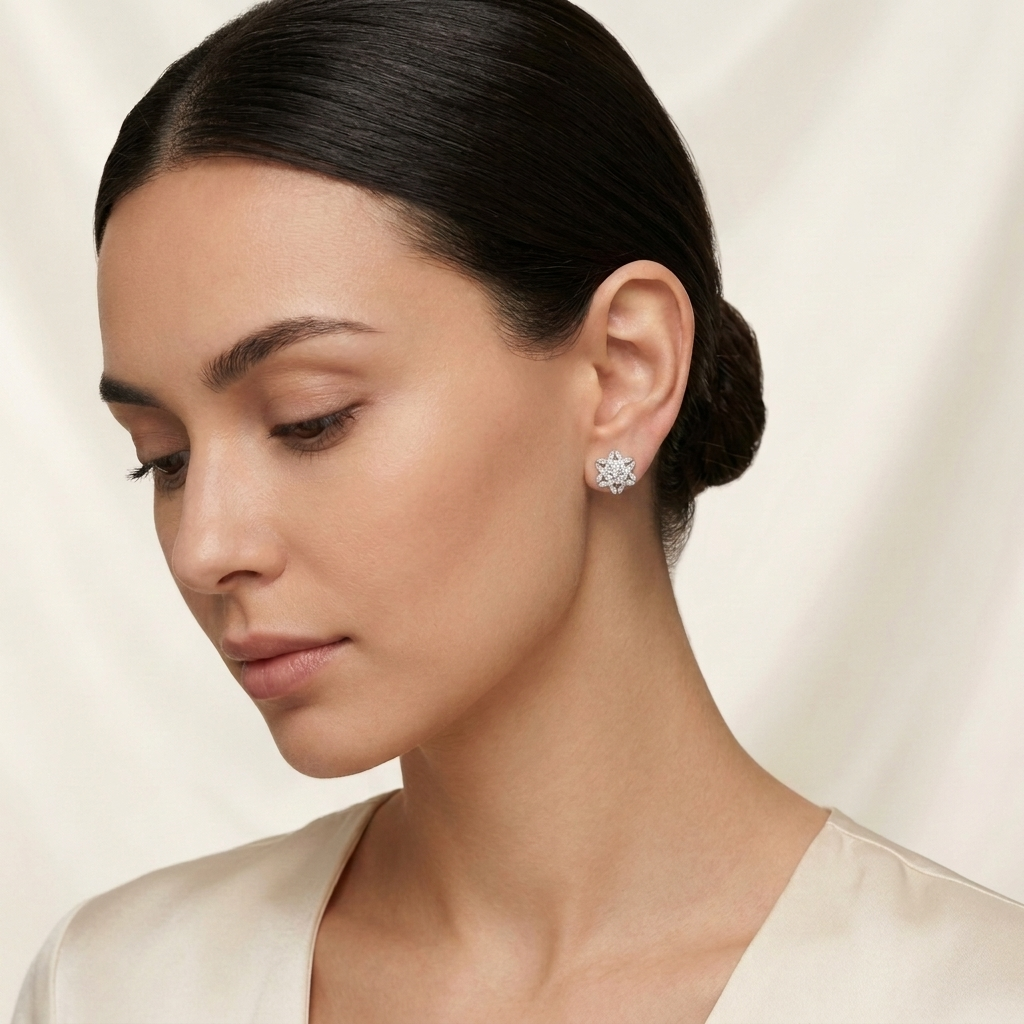 Snowflake Flower 925 silver stud earrings for women, gift for friend, styled on fabric