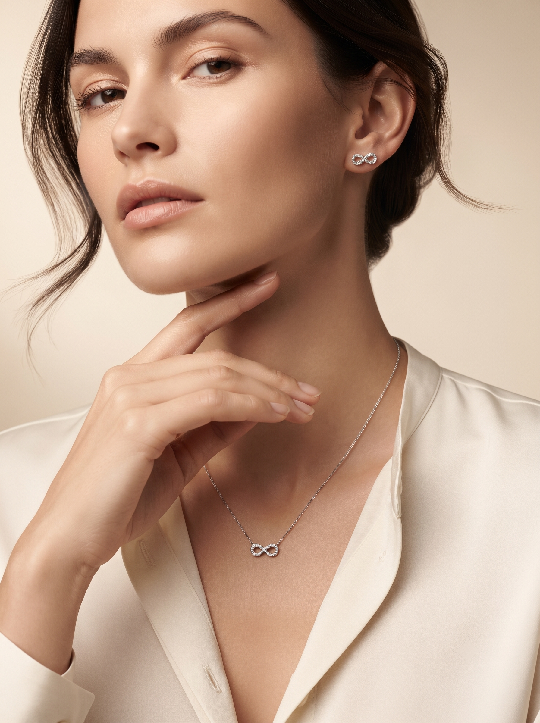 Silvme 925 silver infinity pendant and stud earrings with cubic zirconia, styled product image