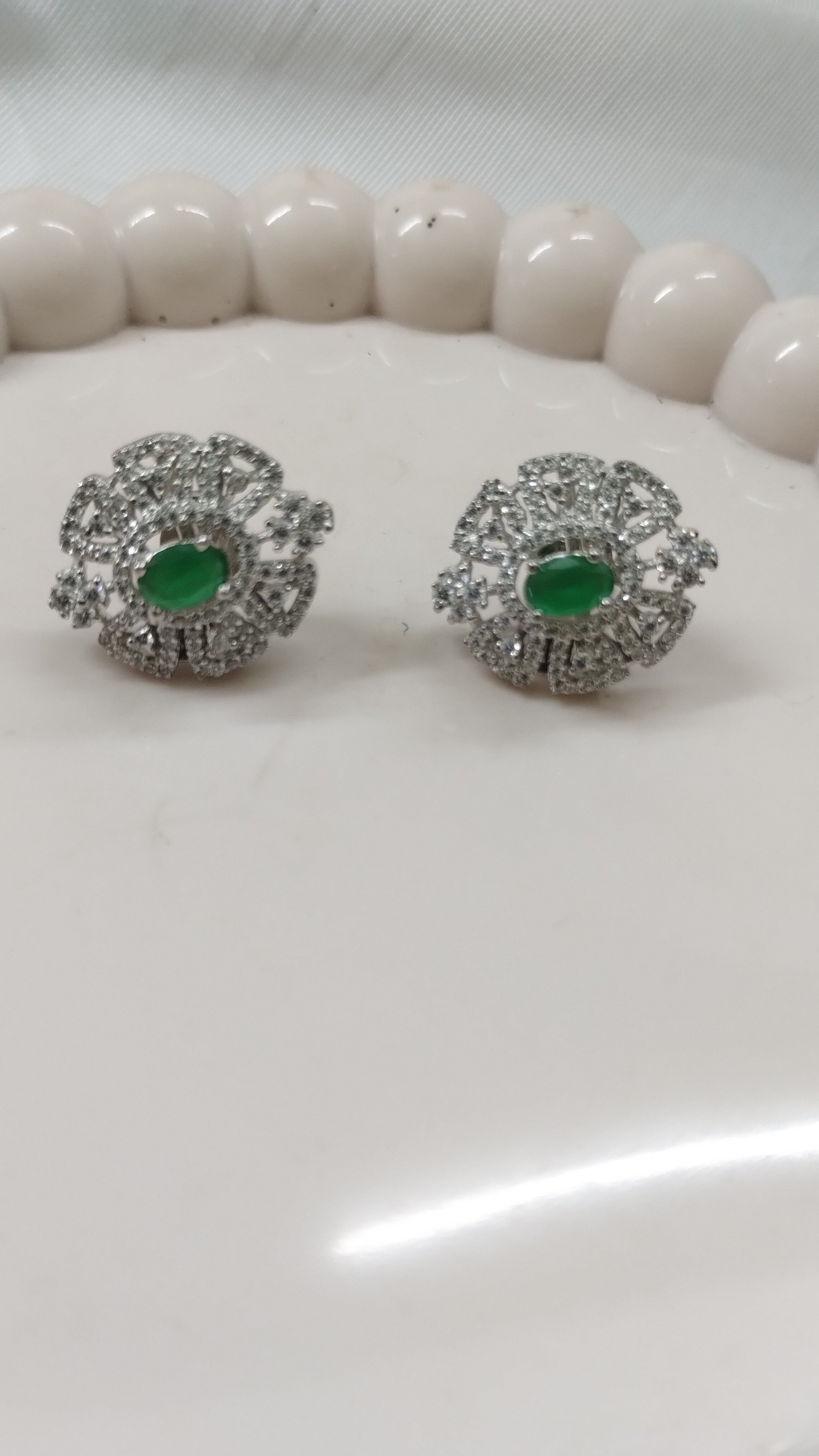 Silvme Pure 925 Sterling Silver Emerald Green Bold Round CZ Stud Earrings — Front View
