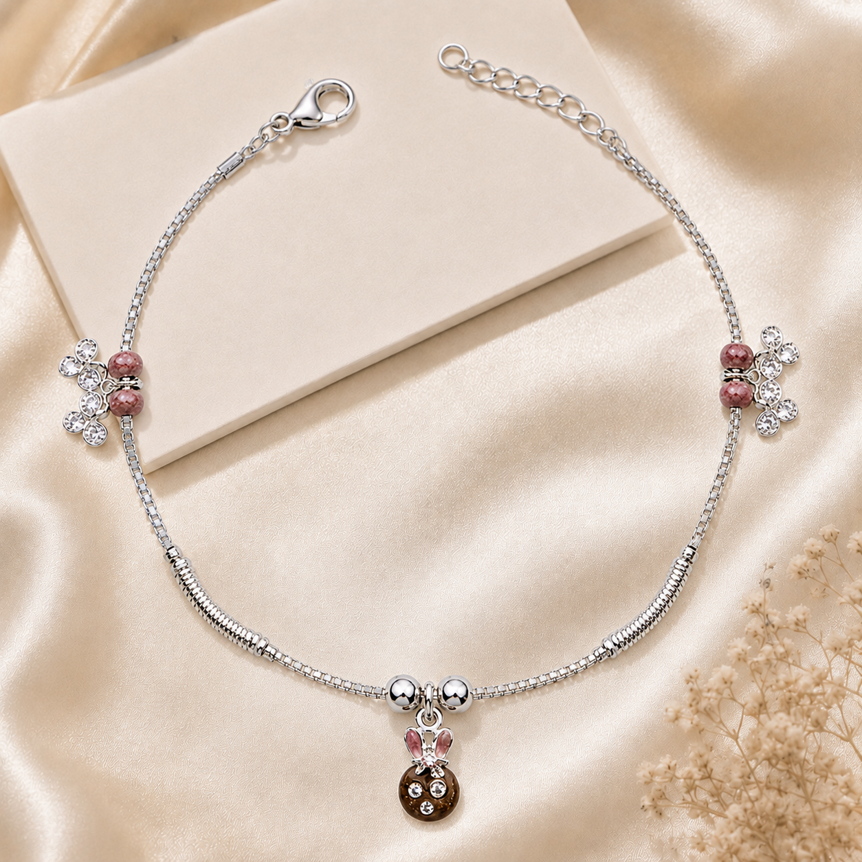 Silvme pink bead & rose-gold floral 925 silver anklet with pink beads and rose-gold floral CZ charms, full-length view