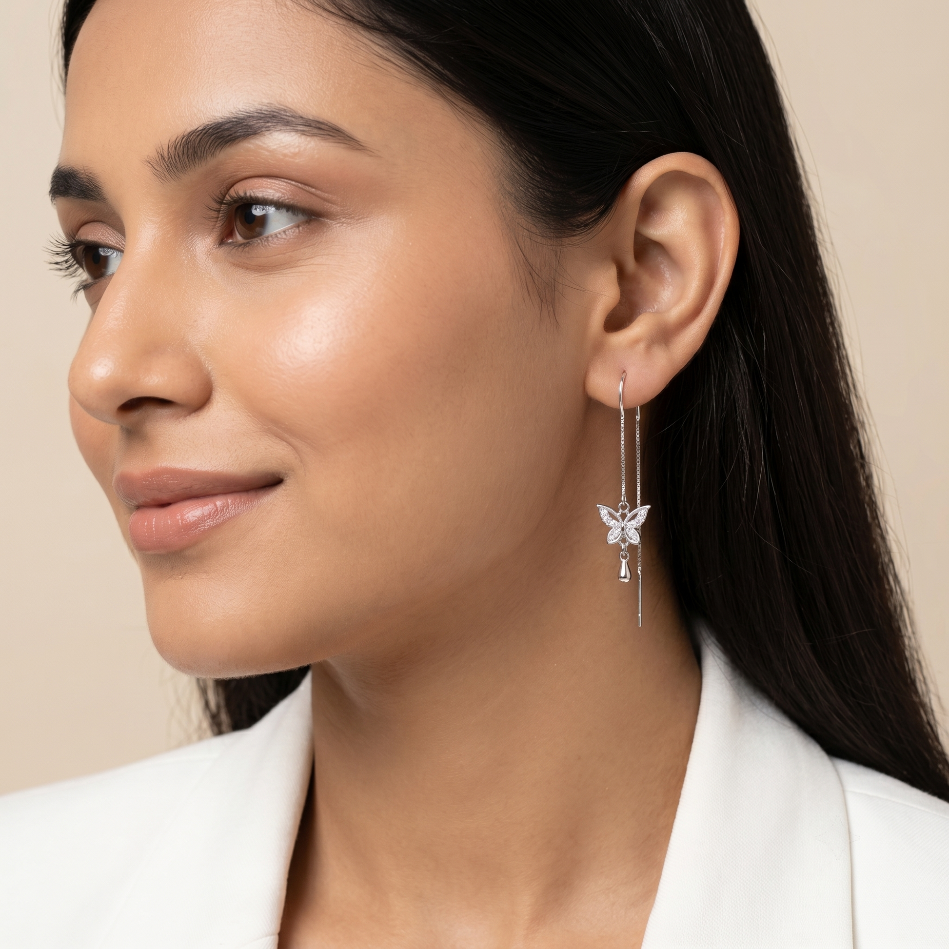 Butterfly Teardrop Charm Threader Earrings, alternate angle