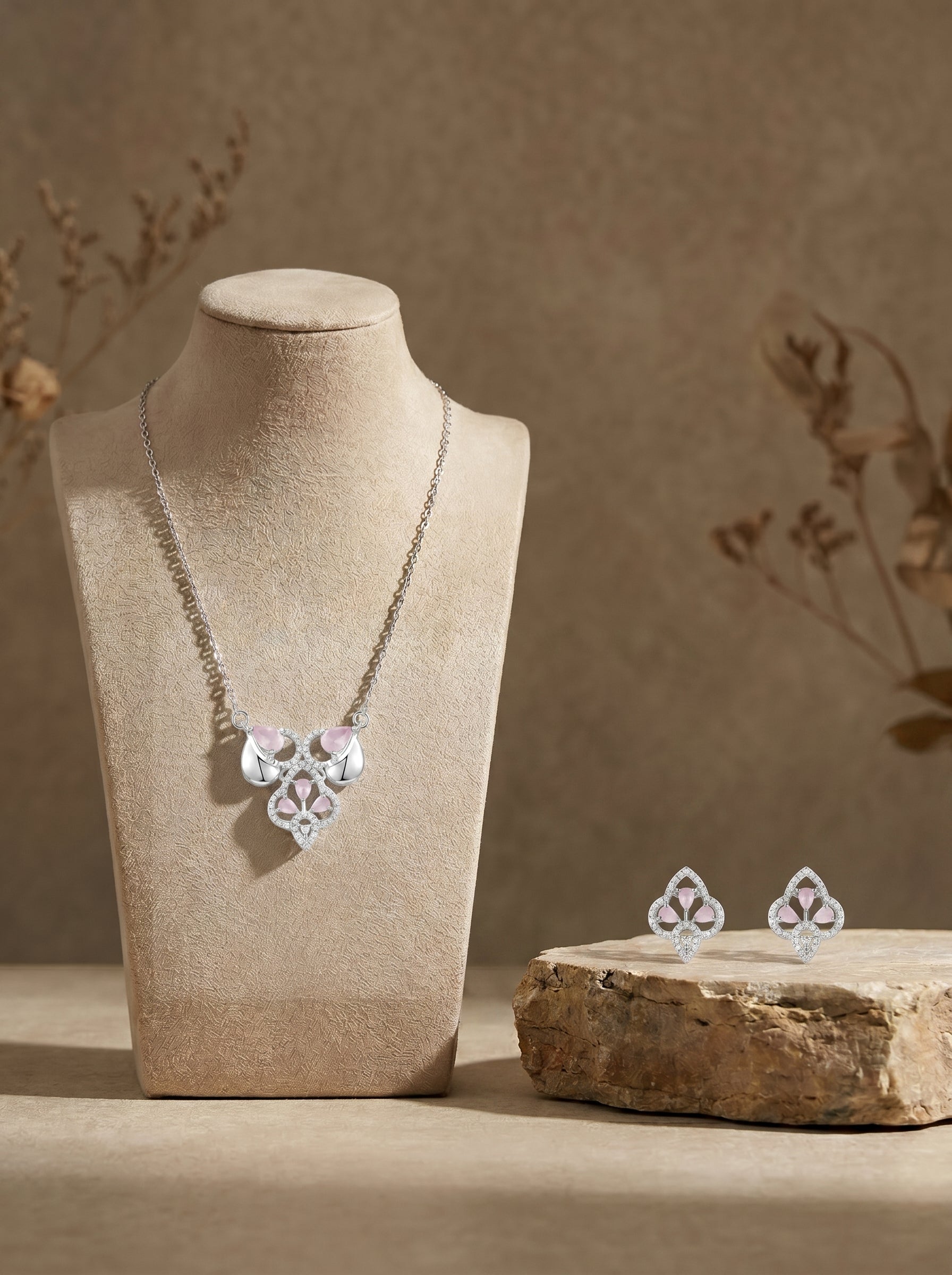 Pink Drop Cluster 925 sterling silver pendant necklace and stud earrings jewellery set with pink cubic zirconia by Silvme â€” full necklace and earrings view