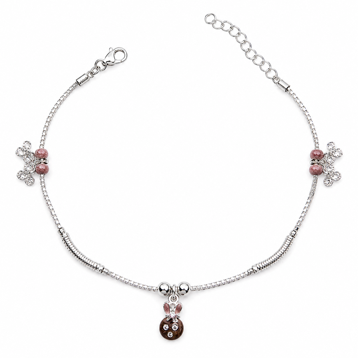 Additional detail view of the Silvme pink bead & rose-gold floral 925 silver anklet payal (7)