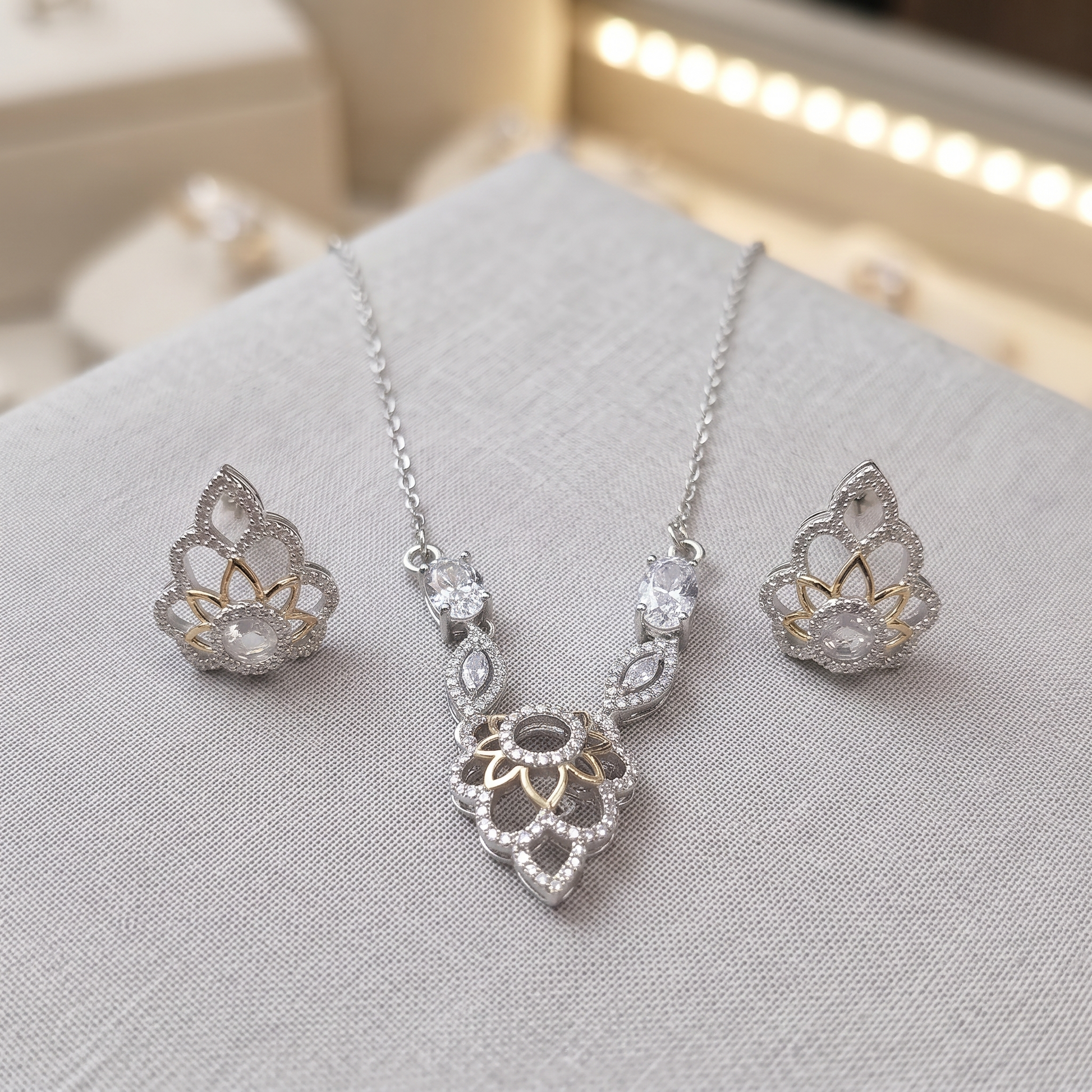 Cubic Zirconia 925 sterling silver pendant necklace and stud earrings jewellery set with cubic zirconia by Silvme â€” full necklace and earrings view
