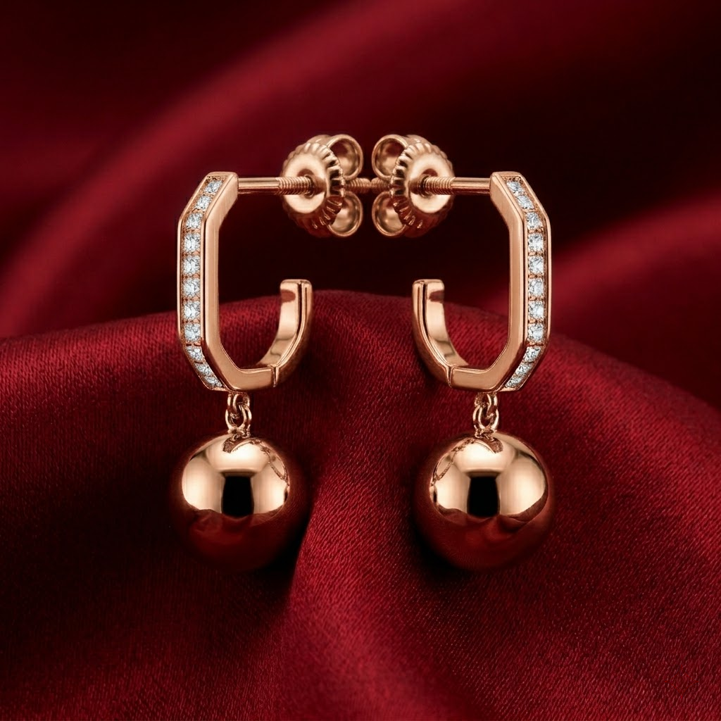 Rose Gold Channel Huggie Ball Drop Earrings, additional product view 4