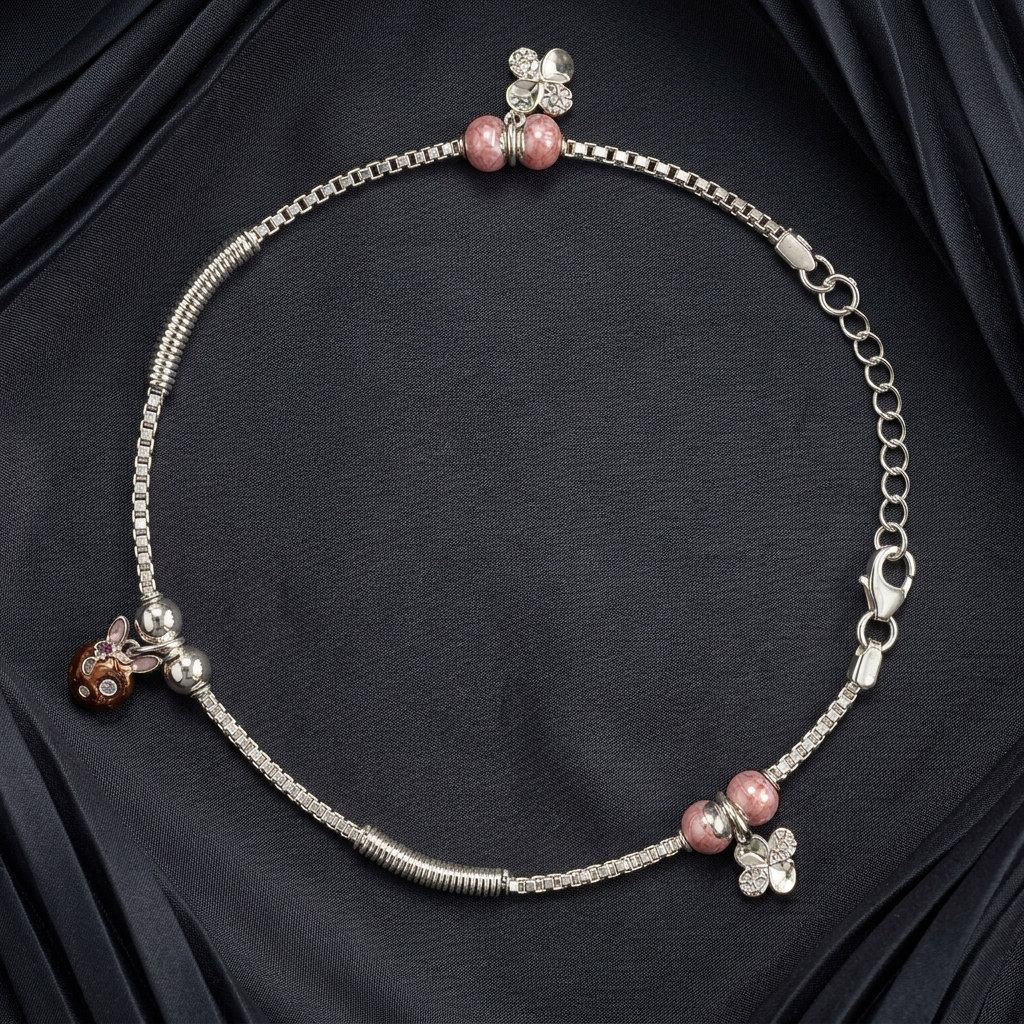Additional detail view of the Silvme pink bead & rose-gold floral 925 silver anklet payal (8)