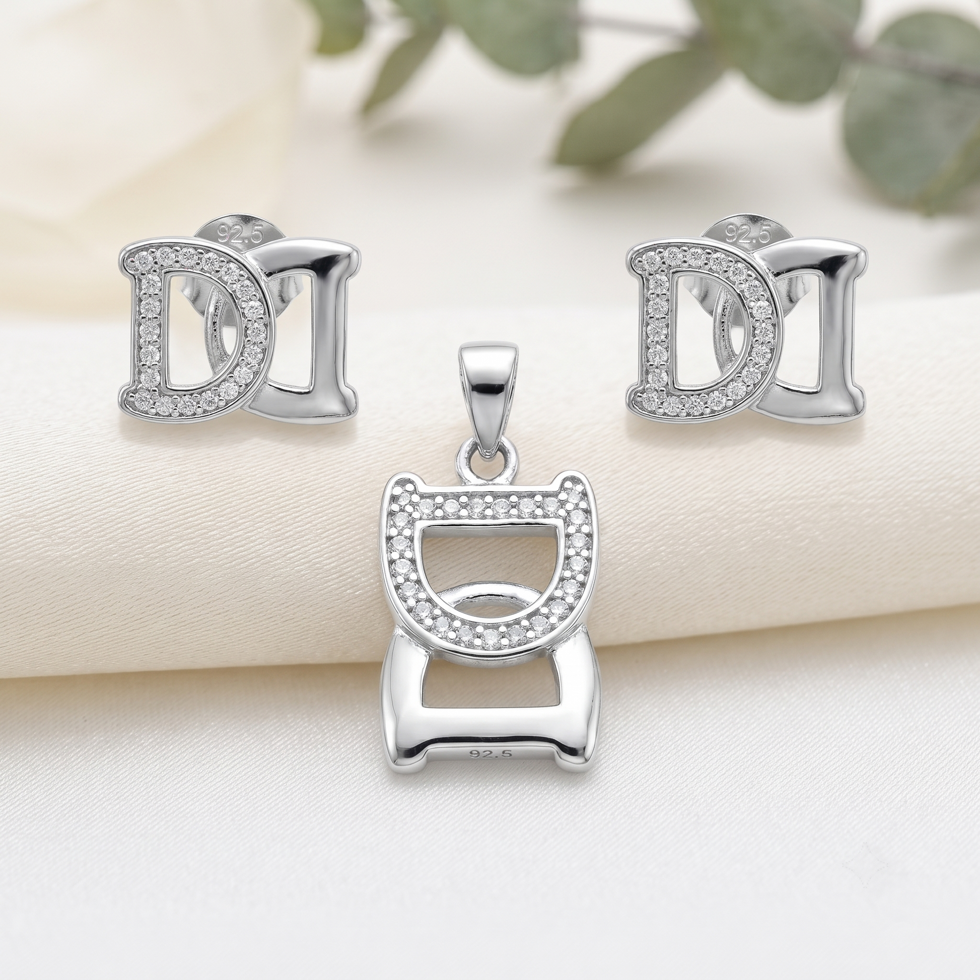 Silvme 925 silver initial d pendant necklace and stud earrings with cubic zirconia, lifestyle gift image