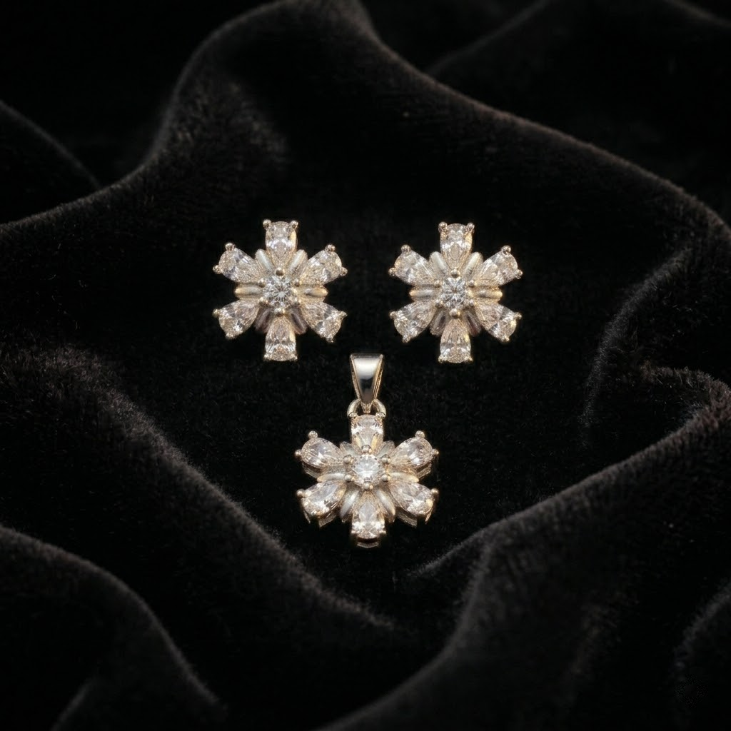 Silvme 925 silver snowflake pendant and stud earrings with cubic zirconia, close-up detail