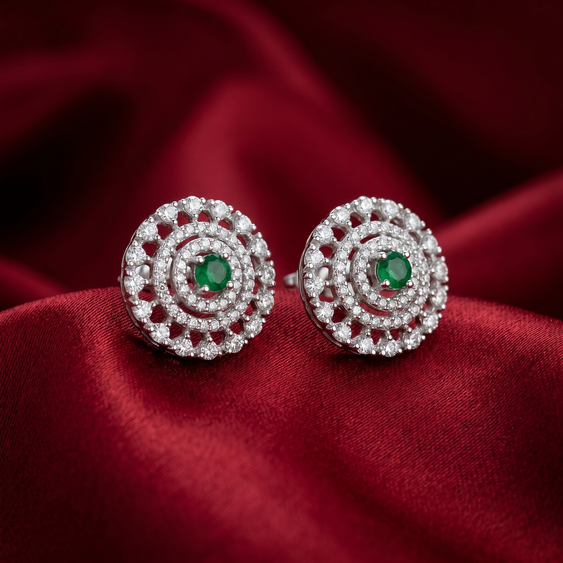 Green Round Lattice-Halo Stud Earrings, close-up detail