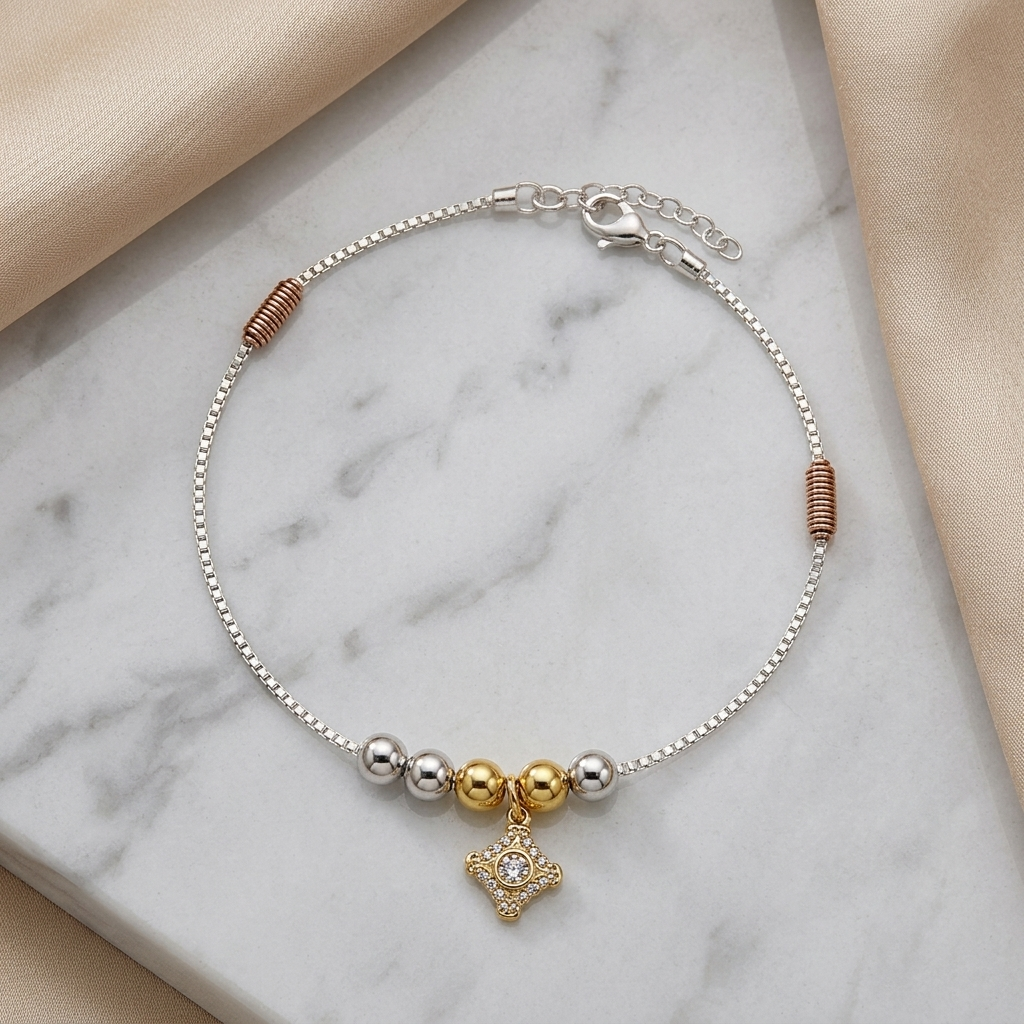 Clasp and adjustable extension-chain detail of the Silvme delicate square CZ charm silver anklet