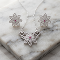 Silvme pure 925 sterling silver sparkling cubic zirconia pendant necklace and stud earrings set with cubic zirconia, detail sparkle close-up