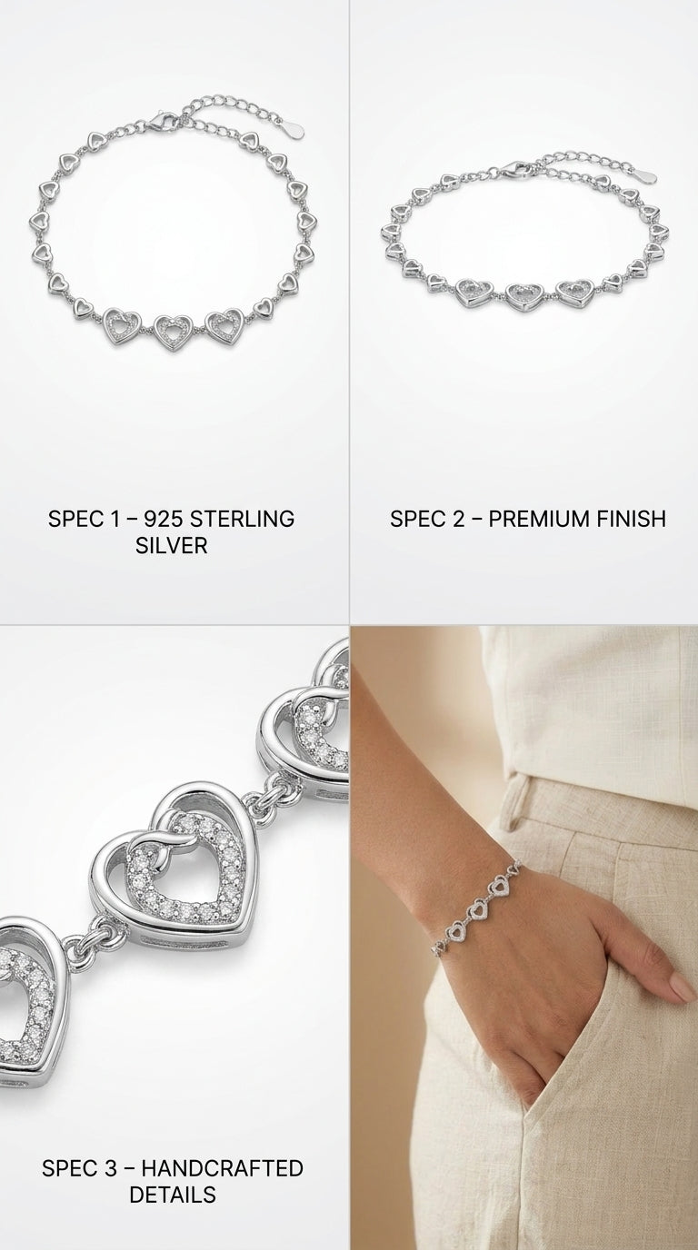Silvme Heart Link Bracelet in 925 sterling silver with cubic zirconia, jewellery for women