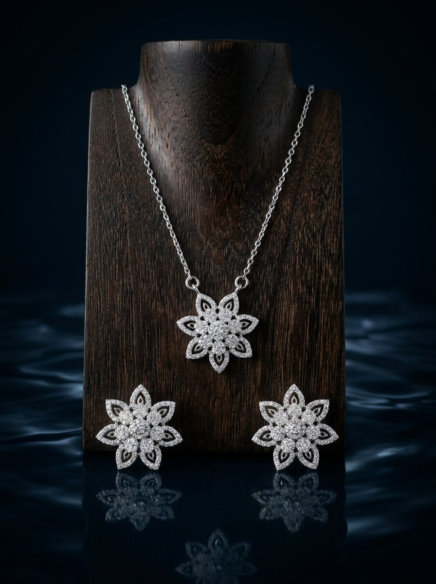 Floral Flower 925 sterling silver pendant necklace and stud earrings jewellery set with cubic zirconia by Silvme â€” styled view