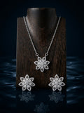 Silvme 925 silver floral flower pendant necklace and stud earrings with cubic zirconia, pendant close-up