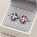 Pink Oval Floral Stone-Set Stud Earrings, additional product view 7