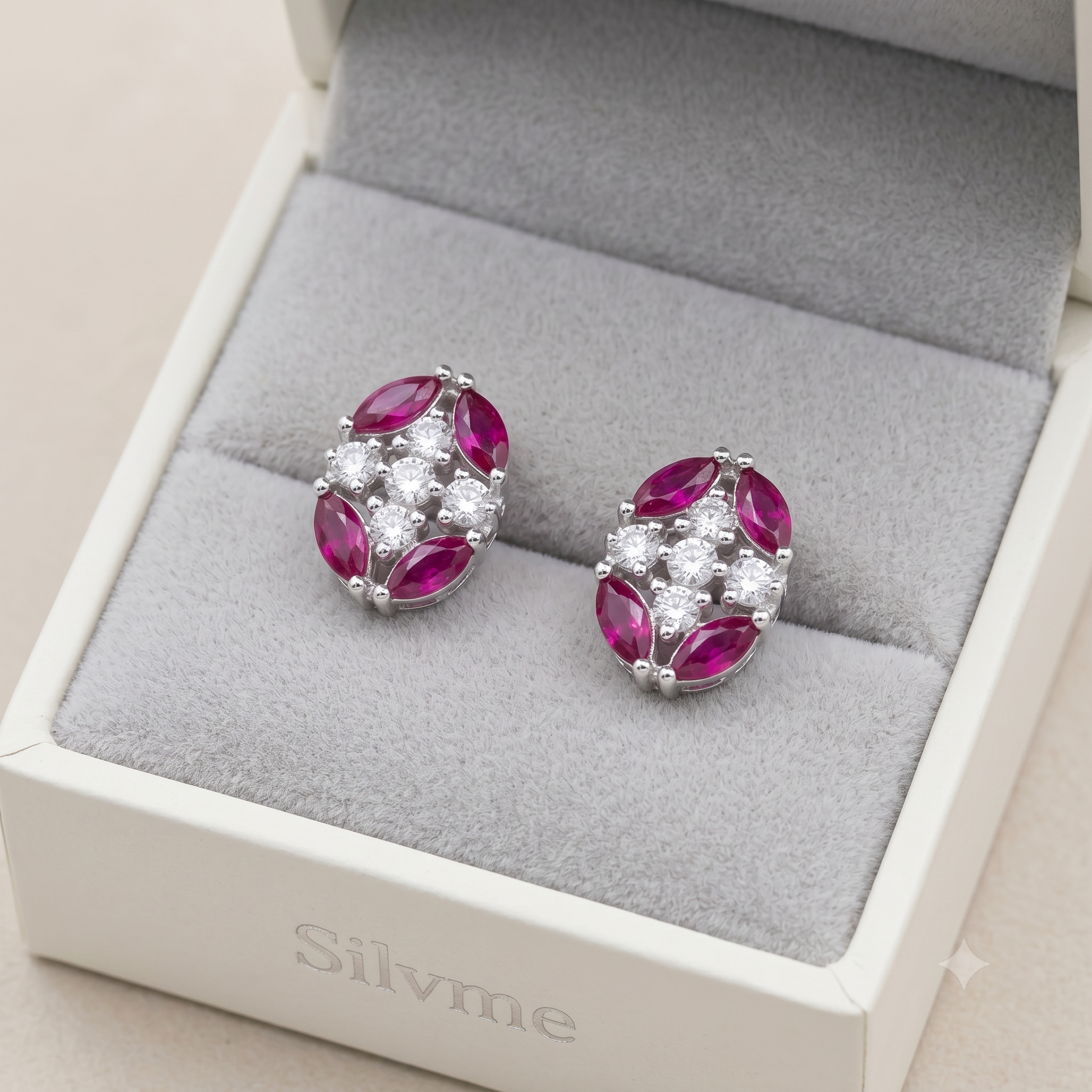 Pink Oval Floral Stone-Set Stud Earrings, additional product view 7