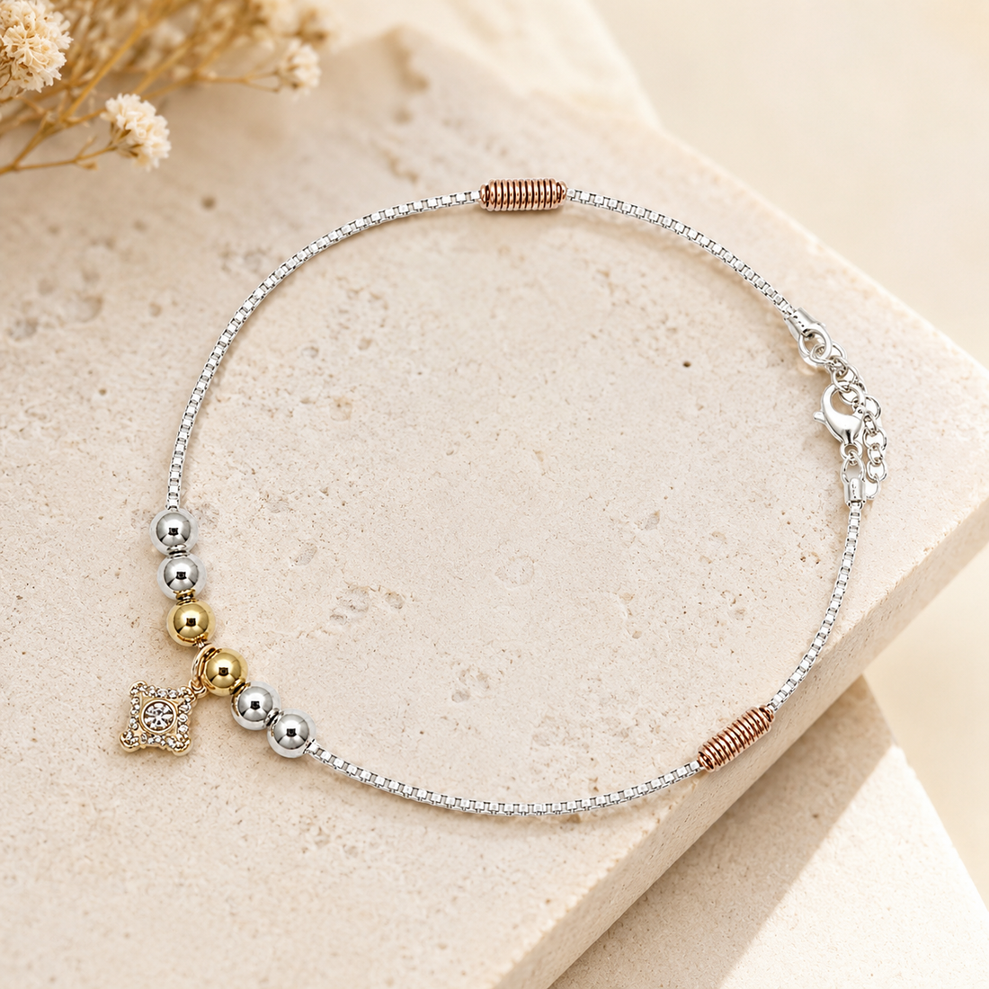 Silvme 925 sterling silver delicate square CZ charm anklet with a dainty square CZ charm on a fine chain, white background full view