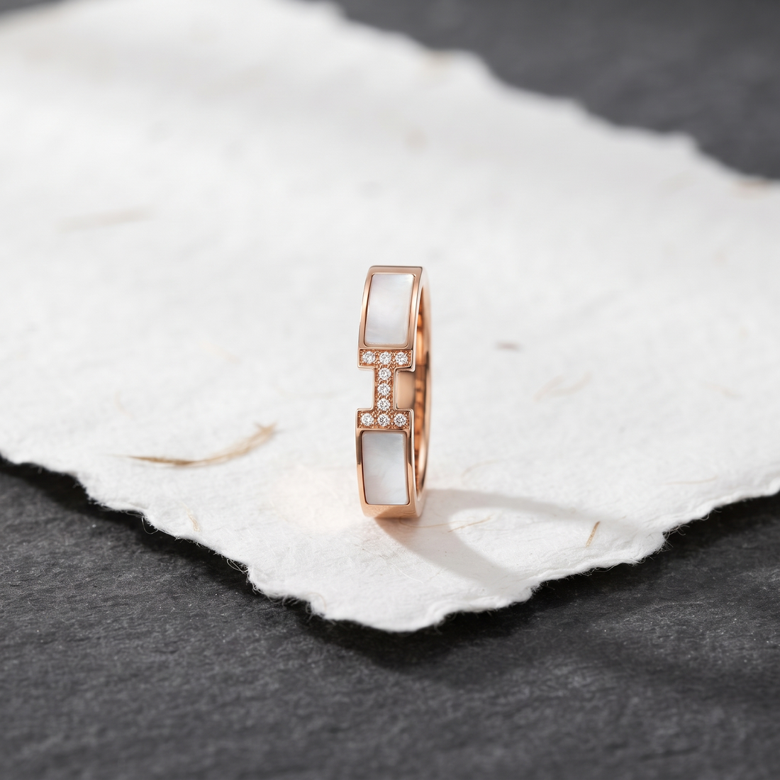 Rose gold geometric white stone 925 sterling silver ring for women - rectangular white stones joined by a sparkling centre