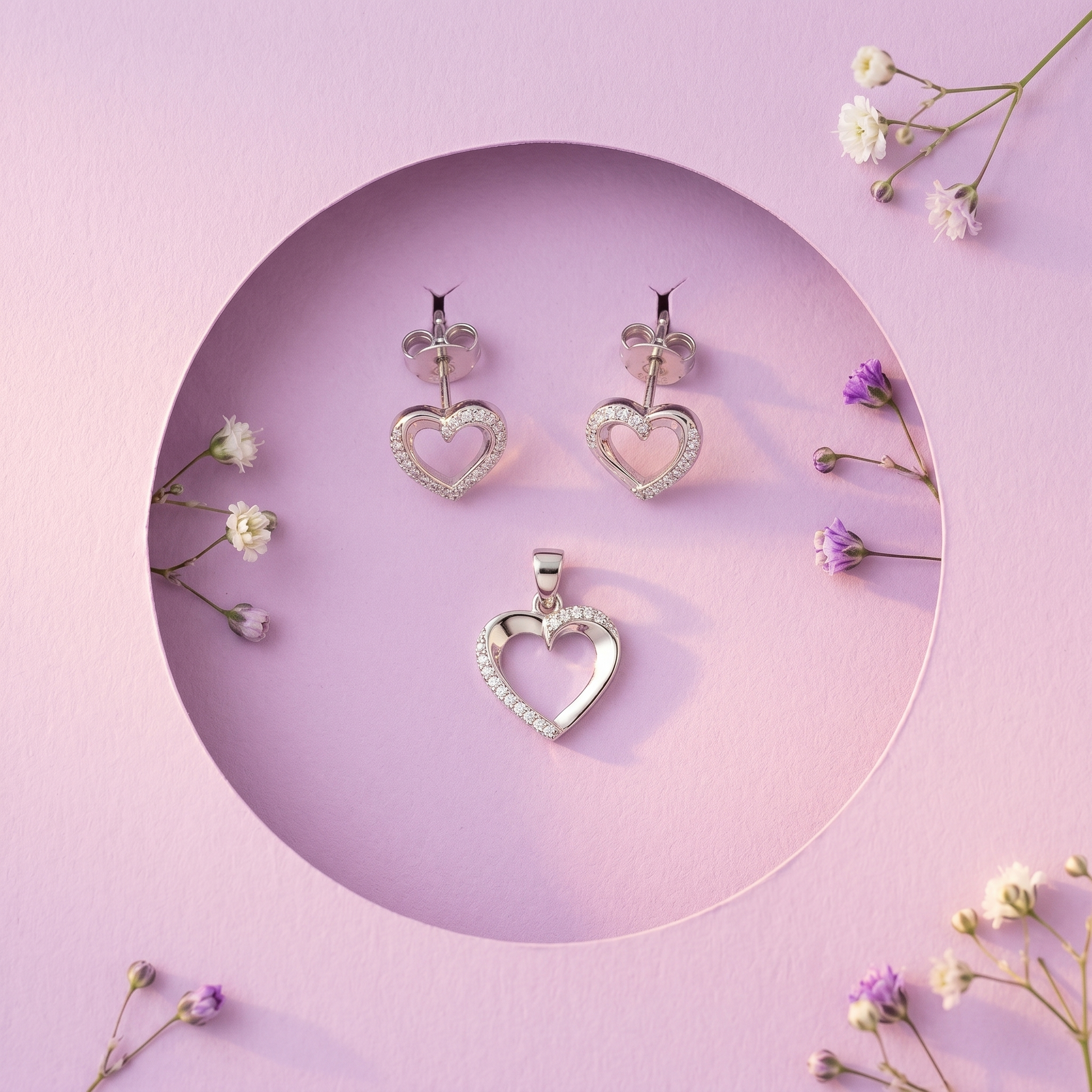 Silvme 925 silver dainty heart pendant and stud earrings with cubic zirconia, lifestyle gift image