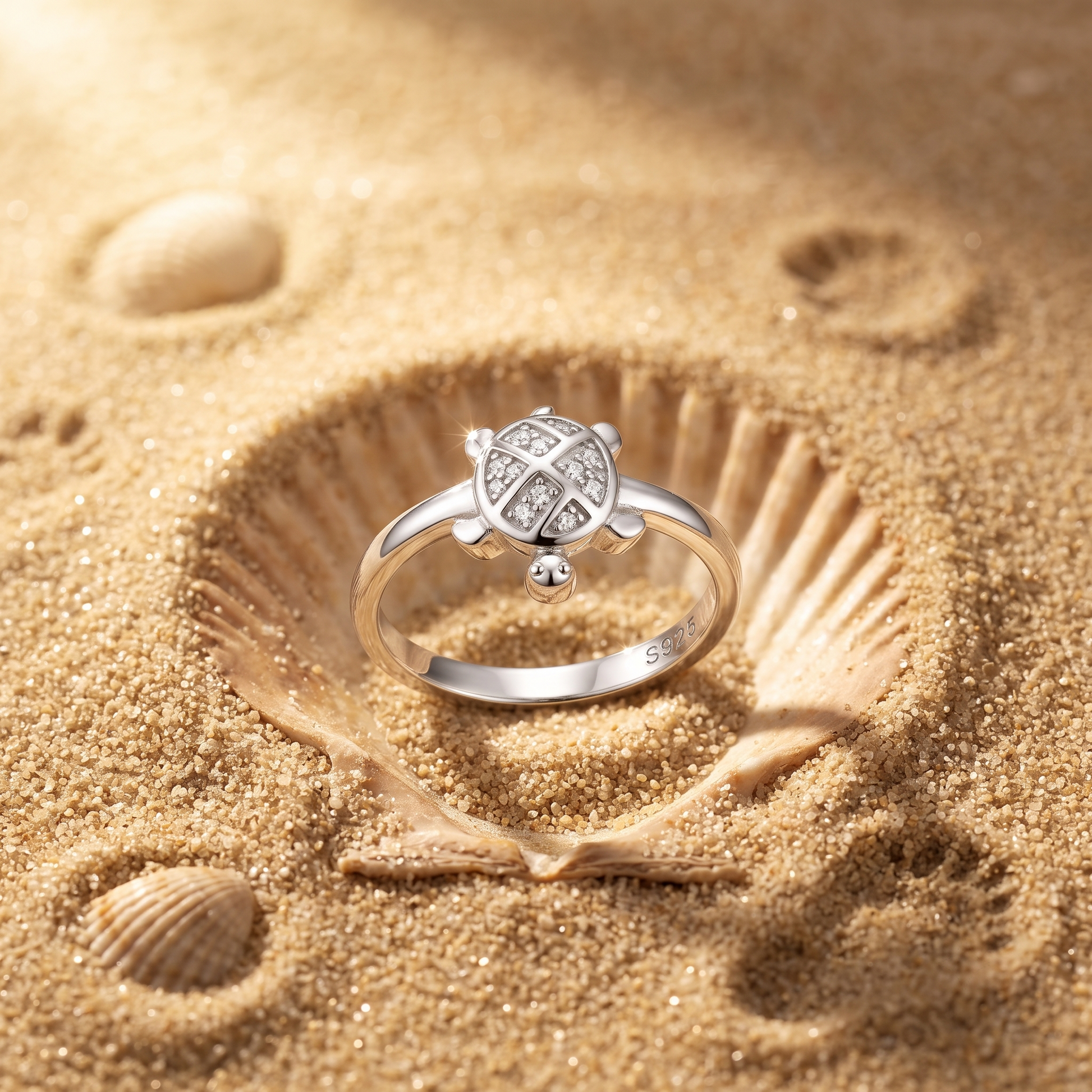 Adjustable free-size clover shell turtle 925 silver ring for women with a comfortable open band
