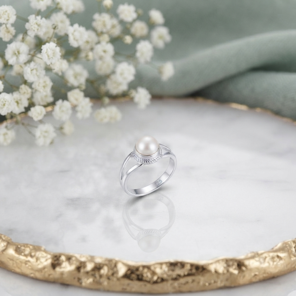 Close-up of the round pearl set in a rope-detail frame, Silvme 925 sterling silver pearl split-shank ring for women