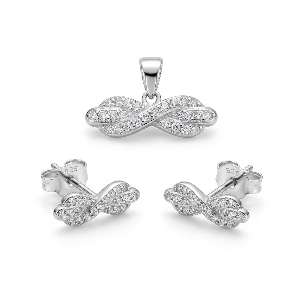 Silvme pure 925 sterling silver twisted infinity pendant and stud earrings set with cubic zirconia, front view on white background