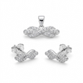 Silvme pure 925 sterling silver twisted infinity pendant and stud earrings set with cubic zirconia, front view on white background