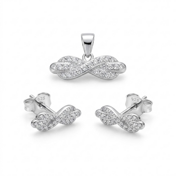 Silvme pure 925 sterling silver twisted infinity pendant and stud earrings set with cubic zirconia, front view on white background
