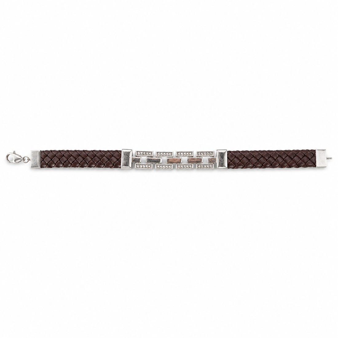 Silvme braided cord bracelet with silver-tone bar for men laid flat on a white background