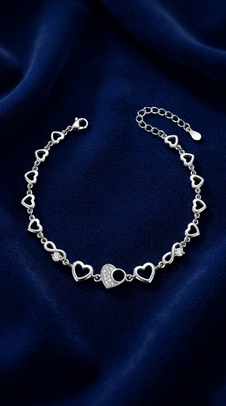 Heart Link design detail on the Silvme Heart Link Charm Bracelet, crafted in polished 925 sterling silver