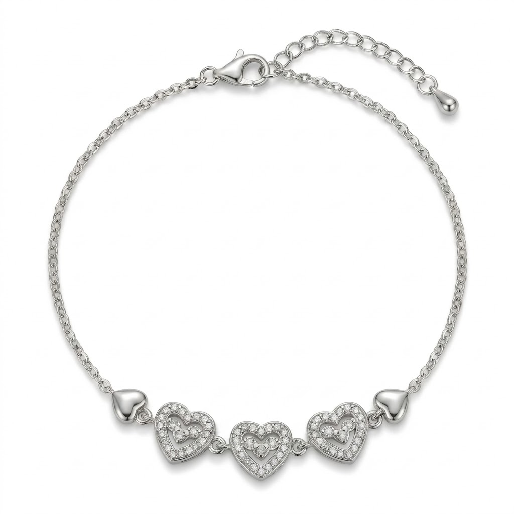 Silvme Triple Heart Pavé Charm Bracelet set with cubic zirconia, crafted in 925 sterling silver for women