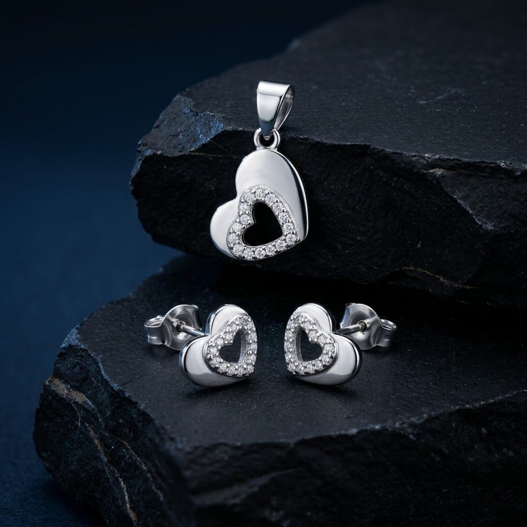 Silvme pure 925 sterling silver open heart pendant and stud earrings set with cubic zirconia, side profile view